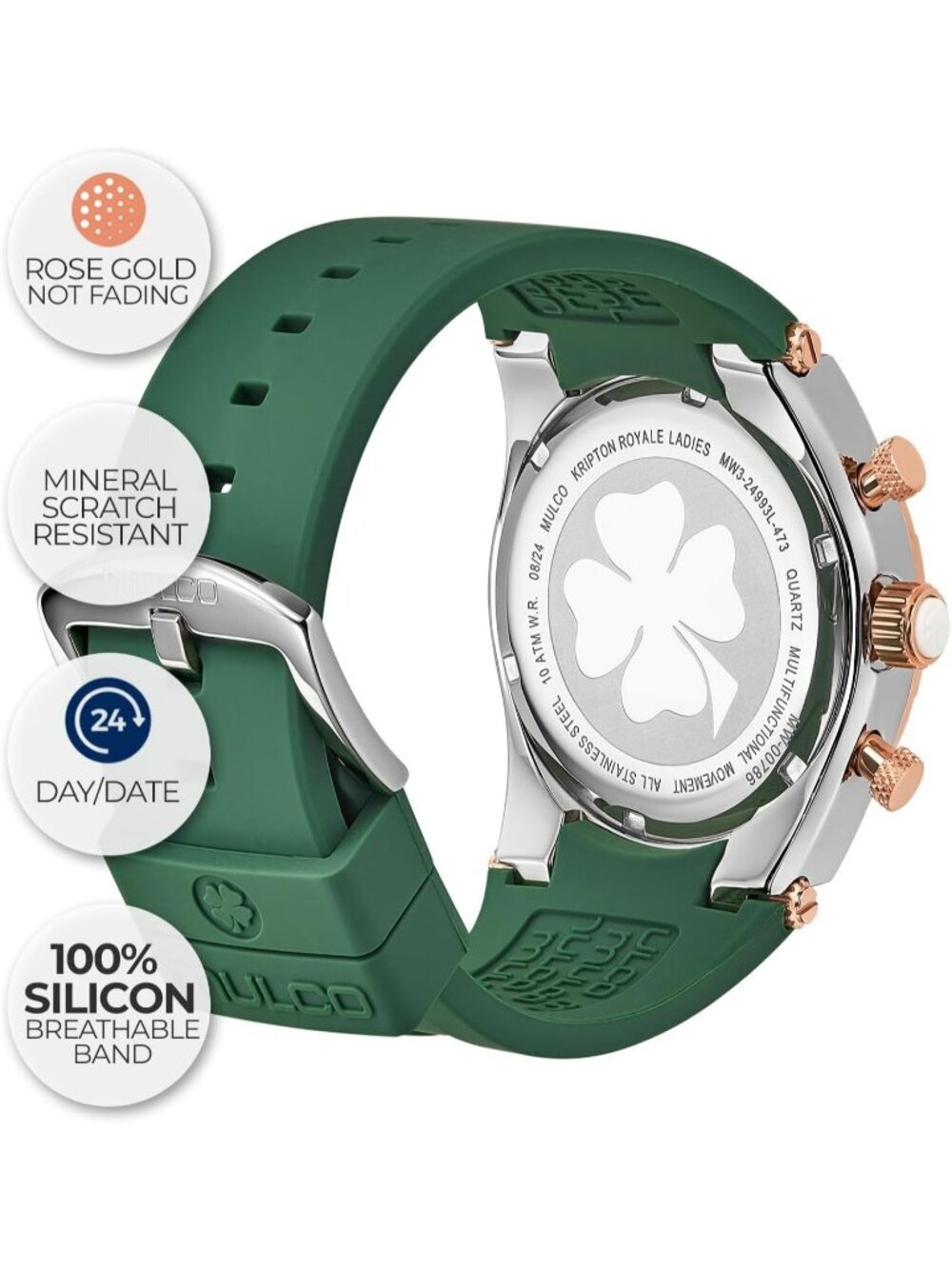 Women's Green Rose Gold Large Face Waterproof Stainless Steel Quartz Watches - Picture 4 of 7